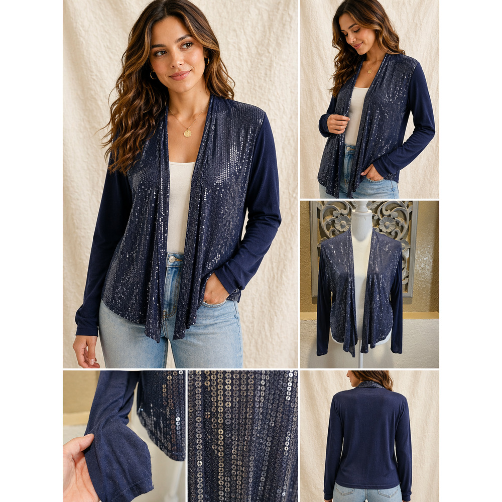Made In Italy Size L Navy Sequin Open Front Cardigan Cocktail Wedding Duster